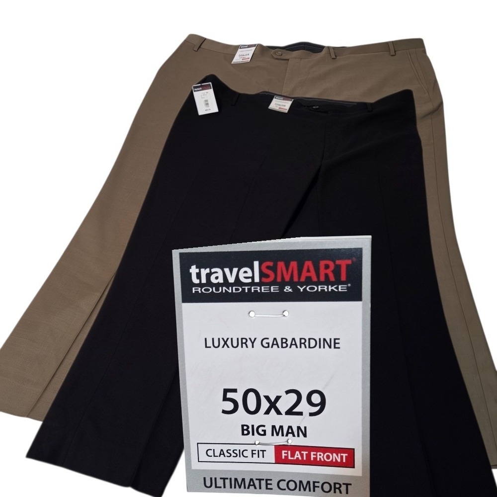 NEW TravelSmart Gabardine Roundtree & Yorke Pants Men 50x29 Tan Black 2 PACK